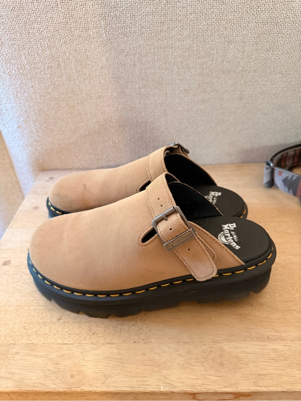Dr. Martens Tan Suede Clog Mules with Buckle - Picture 3 of 3